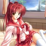  1girl :o arm_support bangs bed belly_peek blouse blush breasts brown_eyes cg cloud curtains day embarrassed game_cg hentai indoors kousaka_tamaki leaning long_hair long_sleeves looking_at_viewer miniskirt neckerchief on_bed panties pantyshot pantyshot_(sitting) pantyshot_sitting pleated_skirt pocket red_hair red_skirt ribbon school_uniform schoolgirl seifuku serafuku sitting skirt sky solo surprised taut_clothes tenmaso thighhighs to_heart_2 tree underwear undressing untied white_legwear white_panties white_thighhighs window yellow_eyes yokozuwari zettai_ryouiki 