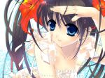 1girl 888 black_hair blue_eyes flower frills hibiscus lace ocean original ribbon solo twintails