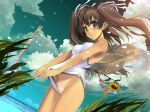 1girl bangs bare_shoulders beach black_eyes breasts brown_hair bush casual_one-piece_swimsuit clothes_lift clothes_pull cloud cowboy_shot day dutch_angle flower frontal_wedgie hair_ribbon hat lifted_by_self long_hair looking_at_viewer medium_breasts morii_shizuki ocean one-piece_swimsuit one-piece_swimsuit_pull one-piece_tan original outdoors parted_lips petals ribbon self_exposure self_wedgie sky standing straw_hat sunflower swimsuit swimsuit_lift tan tan_line twintails wallpaper water wedgie white_ribbon wind