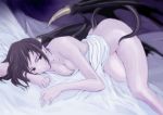  1girl arm bare_shoulders bat_wings bed bed_sheet black_hair breast_press breasts covering curvy demon_girl demon_wings female hentai kawagishi_keitarou legs lying nude nude_cover on_side original pale_skin pointy_ears red_eyes sheets short_hair solo succubus tail wings 