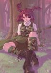 1girl boots braid breasts brown_hair camouflage gun highres kobayashi_yuuji medium_breasts military original red_eyes sitting solo spandex twin_braids weapon