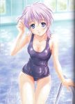 1girl absurdres adjusting_hair blue_eyes breasts cleavage head_tilt highres indoors large_breasts leni_milchstrasse looking_at_viewer maruto! one-piece_swimsuit parted_lips pool pool_ladder poolside purple_hair purple_one-piece_swimsuit sakura_taisen sakura_taisen_ii school_swimsuit shiny shiny_clothes short_hair solo swimsuit thigh_gap water wet window