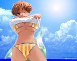 1girl bikini breasts brown_hair cameltoe hentai huge_breasts large_breasts one_eye_closed short_hair solo swimsuit underboob undressing wink 
