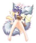 1girl animal animal_ears barefoot bell blue_hair blush bow covering covering_crotch crossed_arms feet fox fox_ears iori_(tail_tale) jingle_bell koma_(tail_tale) long_hair louis&amp;visee min_(tail_tale) multiple_tails nude object_on_head rabbit raccoon sitting solo soro_(tail_tale) tail tail_tale yellow_eyes