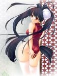 1girl 2005 artist_request ass black_hair china_dress chinese_clothes copyright_request covering covering_ass dress long_hair panties red_eyes signature solo thighhighs twintails underwear very_long_hair white_panties