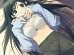  1girl bangs bed_sheet black_hair blush bow bow_bra bow_panties bra breasts cleavage covered_navel cowboy_shot crotch_seam dutch_angle embarrassed from_above game_cg green_eyes hands_on_own_chest hentai indoors lace lace-trimmed_bra lace-trimmed_panties lingerie long_hair long_sleeves looking_at_viewer lying midriff mitsumi_misato nakamura_takeshi no_pants on_back on_bed panties panties_under_pantyhose pantyhose parted_lips raised_eyebrows sakaki_shinobu shade shirt_lift sleeves_past_wrists solo tenshi_no_inai_12-gatsu thigh_gap thighband_pantyhose underwear undressing very_long_hair white_bra 