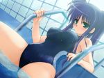  1girl anime blue_hair blush breasts female game_cg green_eyes long_hair one-piece_swimsuit ponytail pool purple_hair solo spread_legs swimsuit water wet 