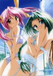 2girls artist_request character_request copyright_request green_hair lace-trimmed_panties pink_hair