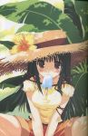 1girl black_hair blush breasts flower food hat hibiscus highres long_hair looking_at_viewer mitsumi_misato original popsicle ribbon solo straw_hat summer sun_hat