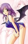 1girl bat_wings clothes_pull clothing covering covering_crotch dress dress_pull dress_tug earrings female high_resolution jewelry mimi_(sweet_devil) no_pants pantsu pointed_ears purple_hair shirt_pull short_dress side-tie_panties solo standing sweet_devil thigh_gap trefoil underwear white_panties white_underwear wings