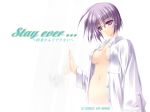 cleavage covered_nipples doujinshi labcoat looking_at_viewer megane mostly_nude purple_eyes purple_hair tony_taka