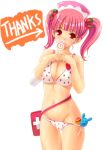  1girl akamaru bikini breasts candy cowboy_shot food food_themed_clothes food_themed_hair_ornament fruit hair_ornament hentai lollipop looking_at_viewer lowres milk_(pop'n_music) mouth_hold pink_hair pop'n_music print_bikini red_eyes simple_background solo strawberries strawberry strawberry_print swimsuit swirl_lollipop thigh_gap twintails white_background 