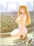  anime blonde_hair breasts brown_eyes female flowers hair_over_breasts long_hair nude outdoor sandals squat sunshine 