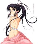 1girl ass bandages bangs black_hair butt_crack clothes_down from_behind hair_ribbon hand_on_own_shoulder haruka_(sister_princess) long_hair looking_back nude parted_bangs ponytail purple_eyes ribbon sarashi sidelocks simple_background sister_princess smile solo translation_request tress_ribbon undressing very_long_hair white_background zundarepon