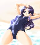 1girl adjusting_hair bangs bare_arms beach blue_one-piece_swimsuit breasts covered_navel foreshortening kurusugawa_ayaka long_hair looking_at_viewer lying norizou_type-r on_back one-piece_swimsuit purple_eyes purple_hair school_swimsuit small_breasts smile solo swimsuit thighs to_heart