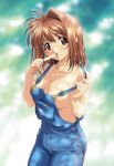 1girl band-aid bandaid bandaids_on_nipples breasts brown_eyes brown_hair cleavage denim food hentai kawai_rie large_breasts lovers_(game) messy naked_overalls open_mouth overalls pasties popsicle red_eyes sexually_suggestive short_hair solo strap_slip sweat taki_minashika