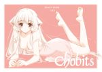 1girl areolae bare_shoulders barefoot blush breasts brown_eyes chii chobits dress feet hands long_hair lying medium_breasts no_bra on_stomach robot_ears soles solo strap_slip suzuhira_hiro toes very_long_hair white_hair