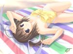 1girl acid_head ahoge aizawa_tomomi bare_shoulders blanket blue_eyes bow brown_hair casual_one-piece_swimsuit hair_bow lying on_side one-piece_swimsuit pia_carrot_(series) pia_carrot_e_youkoso!!_3 sand smile solo swimsuit towel twintails upside-down