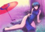 1girl against_tree arm_support ayanami_rei blue_hair china_dress chinese_clothes dress female_only high_heels highres kobayashi_yuuji legs lying neon_genesis_evangelion oil-paper_umbrella outside photoshop_(medium) red_eyes red_umbrella rei_ayanami shoes short_hair solo solo_female tree umbrella under_tree
