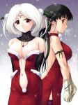2girls albino armband arms_behind_back black_hair blush bracelet breasts center_opening christmas cleavage dress earrings elbow_gloves feathers gloves hair_ornament hentai highres jewelry long_hair multiple_girls navel necklace original outdoors outside purple_legwear purple_thighhighs red_dress red_eyes short_hair silver_hair snow thighhighs turtleneck white_hair zundarepon