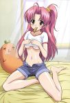  blush breasts denim hentai highres long_hair maburaho midriff miyama_yuuna no_bra pink_hair shirt_lift shorts underboob 