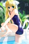  1girl :o animal_ears aqua_eyes arm_support ass barefoot blonde_hair blue_eyes cat_ears cat_tail csy feet forest hentai leg_lift long_hair looking_back lowres nature one-piece one-piece_swimsuit pool poolside raised_leg school_swimsuit shiny shiny_clothes solo swimsuit tail wading water wet 