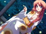 1girl ariko_youichi blue_eyes breasts bug cleavage fireflies firefly floral_print fortune_cookie game_cg highres japanese_clothes kimono long_sleeves medium_breasts night open_mouth red_hair solo sunflower_print takaya_kae