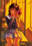1girl copyright_request diploma graduation highres kobayashi_yuuji long_sleeves sad school_uniform sitting skirt solo tears