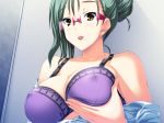  big_breasts bra breasts cleavage erect_nipples frilly_bra glasses green_hair lipstick long_hair purple_bra red_lipstick shirt_down solo yellow_eyes 
