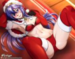 1girl alluring alternate_costume armpits bare_midriff bare_thighs blue_eyes blue_hair blush cape christmas christmas_outfit collarbone elbow_gloves female_abs female_only fire_emblem fire_emblem:_awakening gloves hocen hocen_hosen_(artist) long_hair long_sleeves looking_at_viewer lucina lucina_(fire_emblem) nintendo on_back panties red_panties santa_hat small_breasts smile solo_female stockings super_smash_bros._ultimate super_smash_bros_wii_u vilde_loh_hocen
