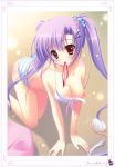  1girl absurd_res all_fours breasts brush high_res mitsui_mana mouth_hold nipples panties purple_hair striped striped_panties twin_tails underwear wardrobe_malfunction 