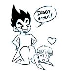  anal ass bent_over breasts bulma closed_eyes doggy_position dragon_ball_z ear_piercing earrings from_behind funny hair heart long_hair monochrome piercings short_hair smile vegeta wide_hips 