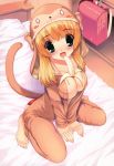  absurd_res arm_support backpack bag banana barefoot bed between_breasts blonde_hair blush breasts cleavage copyright_request cosplay feet food fruit green_eyes hands high_res kigurumi leaning_forward monkey pajamas pillow randoseru sexually_suggestive sitting solo source_request wariza yuki_usagi 