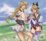 1girl 2_girls alluring bare_legs blonde_hair cassandra_alexandra detached_collar detached_sleeves dress earrings elbow_gloves female_only field flowers fully_clothed grass hair_bow human leotard loose_clothes multiple_females no_panties nopan pillar project_soul ribs see-through short_hair shoulder_armor sideboob sisters sophitia_alexandra soul_calibur soul_calibur_ii soul_calibur_iii soul_calibur_vi stregatto10 very_long_hair
