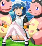  ass blue_eyes blue_hair clothed cosplay dawn dawn_(pokemon) dress female female_human hikari_(pokemon) knees_together_ankles_apart looking_at_viewer maid maid_apron maid_headdress maid_outfit maid_uniform milk milking miltank outfit panties pokemon sitting soara stockings upskirt 