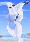  1girl avian beach blue_eyes breasts derp drxsmokey_(artist) female female_only huge_breasts inverted_nipples large_breasts looking_at_viewer lugia magikarp nude open_mouth pokemon pussy seaside seductive tongue wide_hips 
