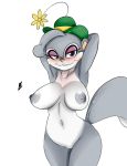  1girl animaniacs anthro big_breasts blush breasts eyeshadow fluffy_tail fur furry grey_fur grey_hair grin half-closed_eyes hat looking_at_viewer makeup navel nude purple_eyes rodent slappy_squirrel squirrel tail white_background 