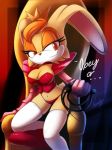 1girl animal_ears anthro bondage brown_eyes brown_hair bunny_ears chair cleavage crown dominatrix female female_only furry gloves hair lagomorph nancher obey panties psm rabbit sega smile so_happy solo sonic sonic_*(series) sonic_the_hedgehog_(series) stockings tail text underwear vanilla_the_rabbit whip