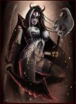  axe cloak demon_girl face_paint female horns lucien pale piercing razelka solo sword tattoos weapon 