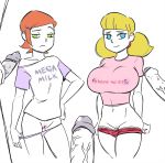 2_girls 2girls ben_10 big_breasts clothes_swap costume_switch crossover female_only gwen_tennyson inspector_gadget mega_milk mrsamson00_(artist) multiple_penises nipples_through_clothes panties panties_down panty_pull penis penny_gadget precum pussy sunnie_(artist) t-shirt young younger younger_female