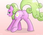 1girl anus ass cutie_mark daisy_(mlp) earth_pony female female_only friendship_is_magic green_hair green_mane looking_at_viewer looking_back my_little_pony pink_fur pony presenting_hindquarters pussy solo standing tail