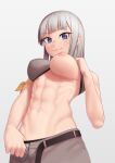 1girl abs bangs belt black_belt blue_eyes blunt_bangs breasts brown_pants closed_mouth dumbbell_nan_kilo_moteru? eyebrows_visible_through_hair gina_boyd grey_background high_resolution lifted_by_self looking_at_viewer medium_breasts navel nipples pants putcher short_hair silver_hair simple_background smile stomach