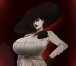  1girl alcina_dimitrescu big_breasts black_hair breasts capcom cleavage dress hat lady_dimitrescu looking_at_viewer milkyjaw red_lips red_lipstick resident_evil resident_evil_8:_village yellow_eyes 