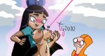  black_hair blush bow breasts candace_flynn embarrassing erect_nipples nipple nipples orange_hair phineas_and_ferb stacy_hirano toongrowner topless uncensored wardrobe_malfunction 