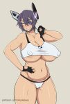 1girl areola areola_slip bangs blush breasts cameltoe cleavage collarbone cowboy_shot duo_kawa eye_patch female_only fingerless_gloves front_view gesture gloves hair_between_eyes hand_on_hip huge_areolae huge_breasts huge_nipples kantai_collection looking_at_viewer massive_breasts navel nipple_bulge panties purple_hair sharp_teeth short_hair simple_background slightly_chubby smile solo_female sports_bra standing tenryuu_(kantai_collection) thick_thighs thumbs_down under_boob underboob url voluptuous white_panties yellow_eyes 