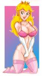  1girl big_breasts blonde_hair bra breasts crown large_breasts nintendo no_panties princess_peach solo stockings super_mario_bros. 