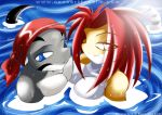  2girls anthro bandanna bathing chalo chalodillo couple dorsal_fin female furry looking_at_viewer male marine neoearthrealm original original_character red_hair shark water 