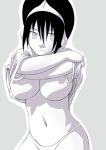  aged_up avatar:_the_last_airbender big_breasts breasts grown_up hair monochrome nipples solo toph_bei_fong undressing 