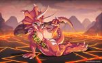 big_breasts breasts cleavage clothed club dinosaur eltonpot female furry high_res horns huge_breasts lava loincloth looking_at_viewer lordstevie muscle muscles nipples odilla on_side reptile scalie solo tail triceratops underwear volcano wide_hips