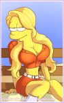  big_breasts boots border breasts cleavage cosplay cowgirl fence half-closed_eyes hay huge_breasts lisa_simpson long_hair looking_at_viewer ponytail ponytails sexy skirt the_simpsons tight_shirt web_address web_address_without_path yellow_skin 
